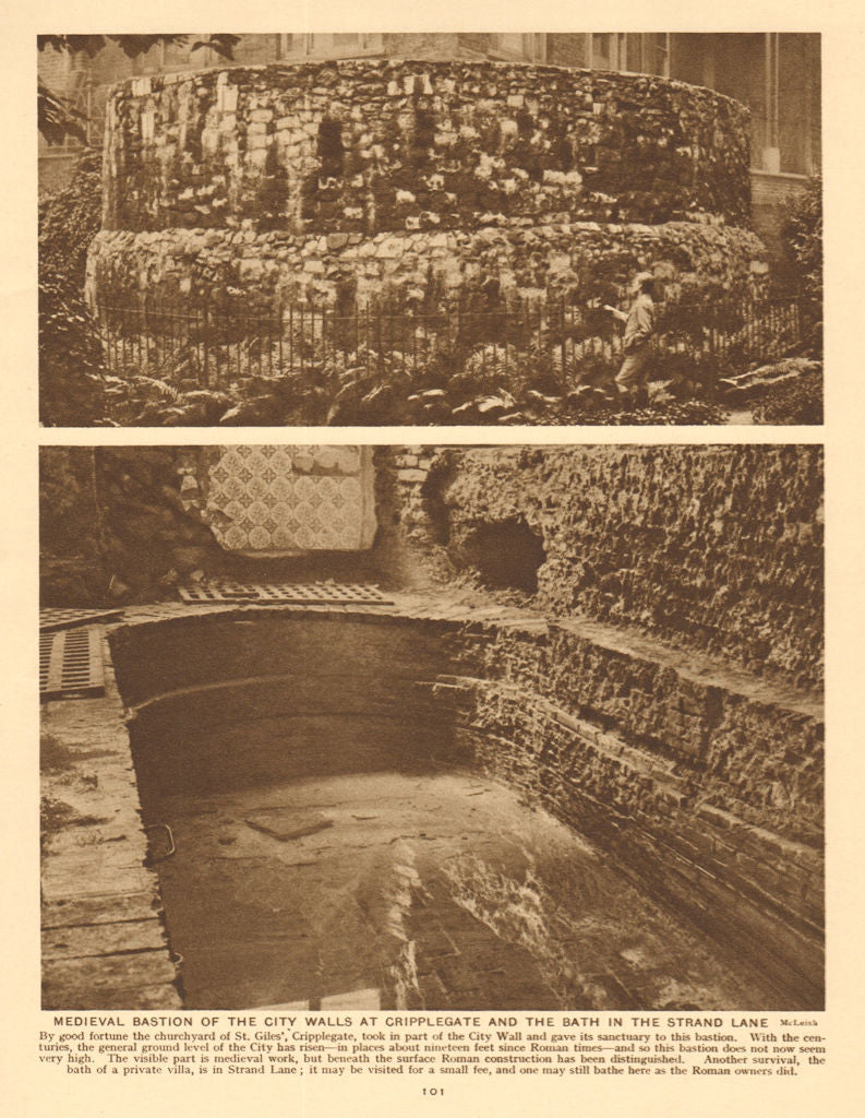 City wall medieval bastion, Cripplegate. Roman bath, Strand Lane 1926 print